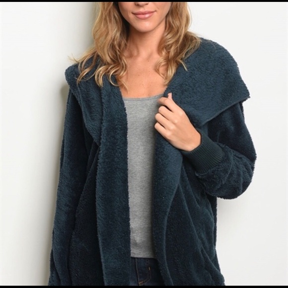 Navy Sherpa Jacket Fleece Glam Coat SO COZY SOFT - Picture 3 of 5